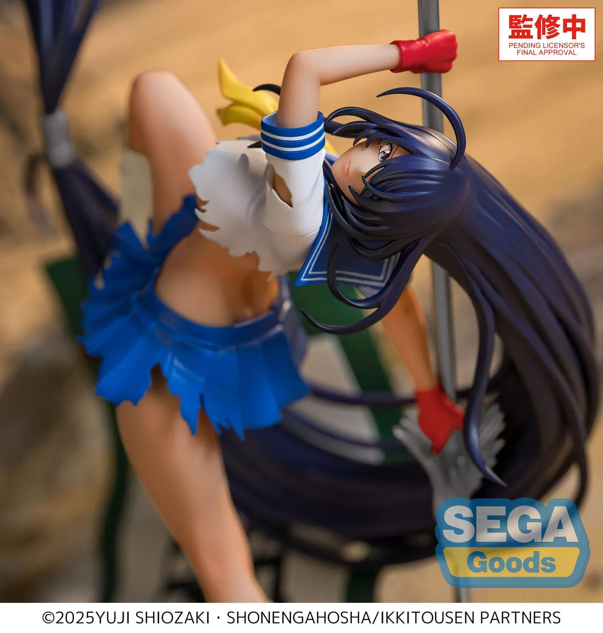 XStellar Unchou Kan'u figure in an acrobatic pose with long purple hair, a silver-bladed polearm, and a torn blue and white sailor outfit.