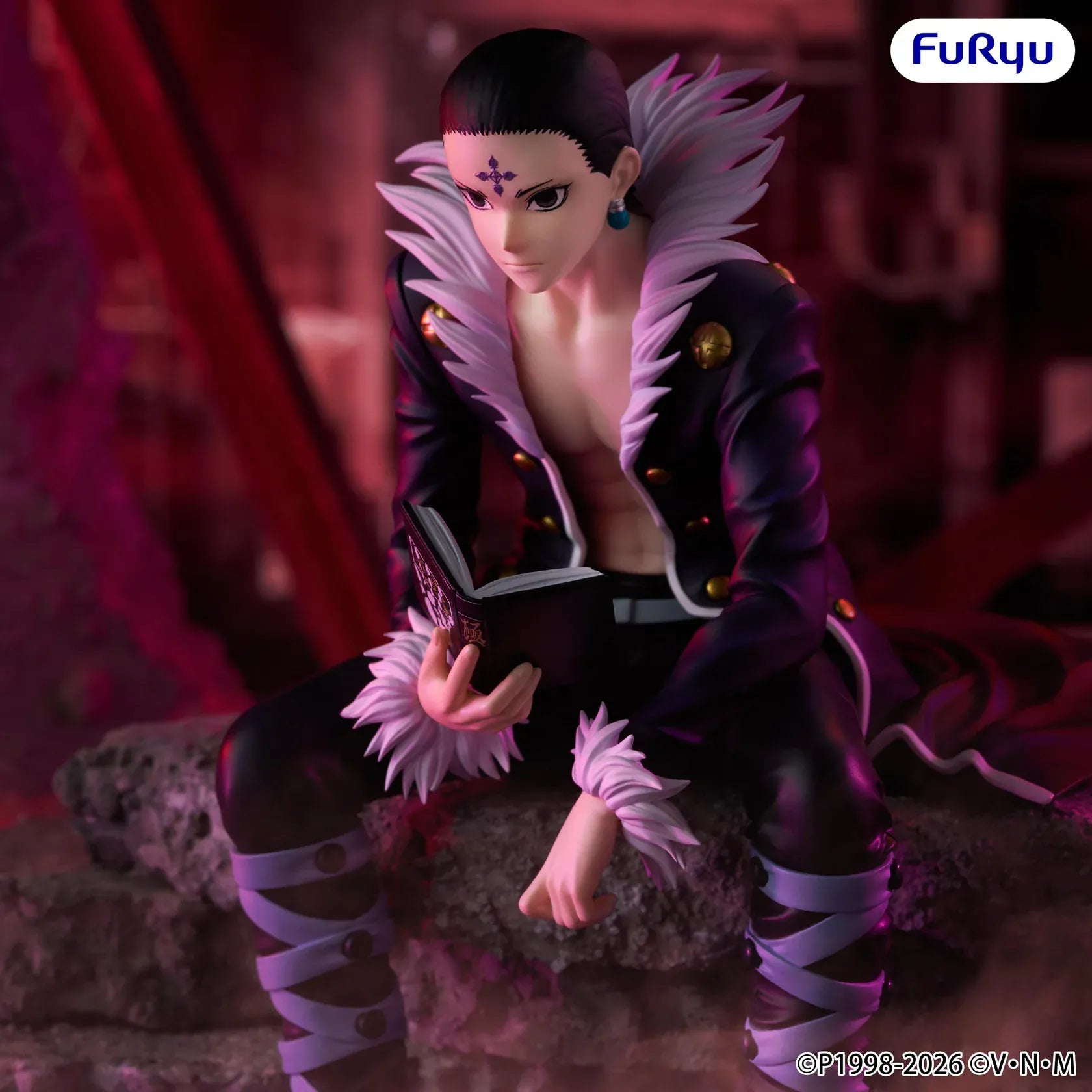 Hunter x Hunter Chrollo Lucilfer Vol 2 Noodle Stopper Figure seated with book in Phantom Troupe outfit
