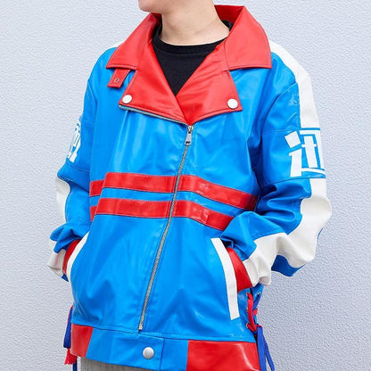 Umamusume Pretty Derby Tamamo Cross blue and red faux leather biker jacket with lightning bolt design and kanji symbols