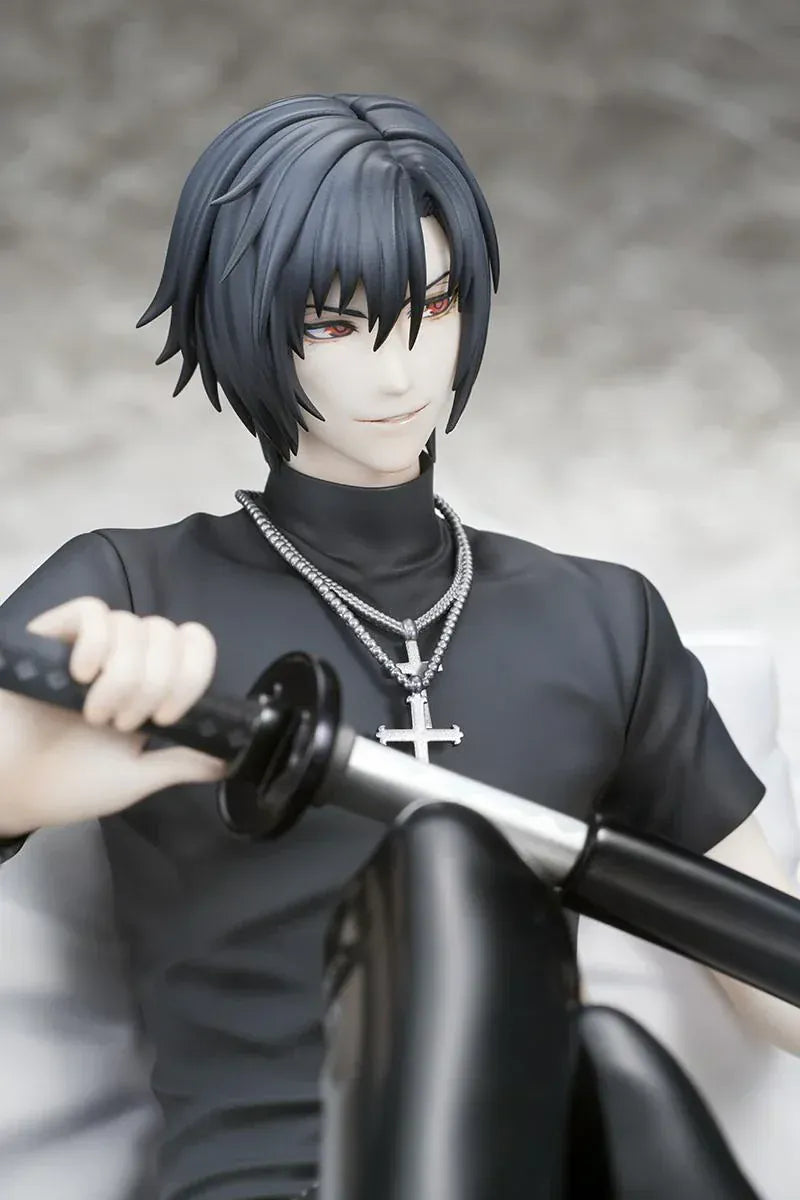 Shiki 1/7 scale figure from Togainu no Chi sitting with sword wearing black outfit on cushion base