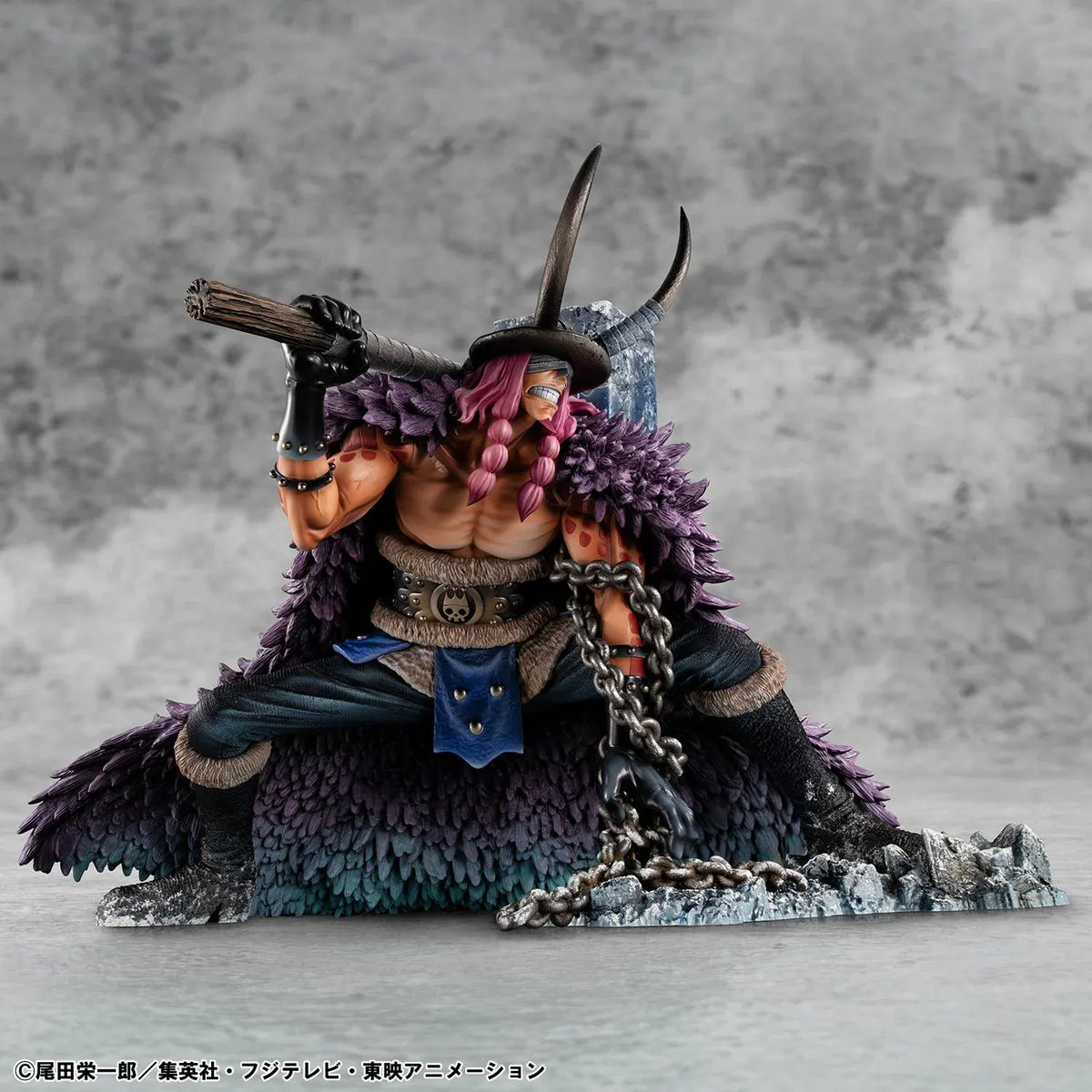 One Piece Portrait of Pirates ELB-Maximum Loki figure crouching with a massive hammer, horned helmet, pink braids, purple cloak, and chains on a rocky base.
