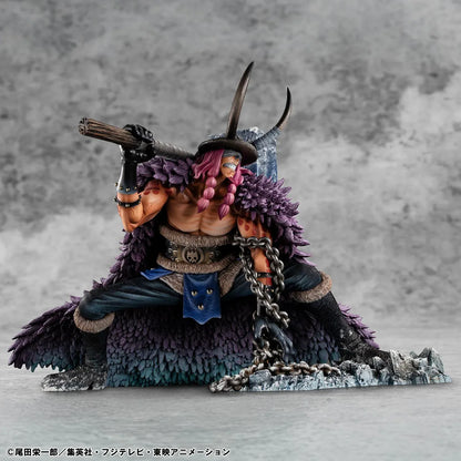 One Piece Portrait of Pirates ELB-Maximum Loki figure crouching with a massive hammer, horned helmet, pink braids, purple cloak, and chains on a rocky base.