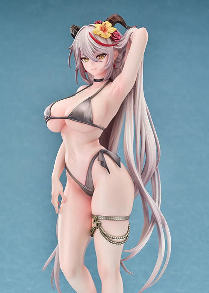 Azur Lane Agir Nightpool 1/6 Scale Figure featuring Agir with long silver hair, horn details, floral accessories, dark swimwear, and a water-inspired display base.