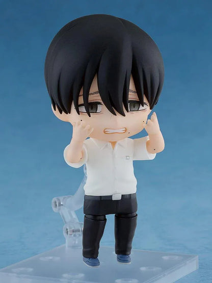 The Summer Hikaru Died Nendoroid Yoshiki Figure featuring a black-haired anime boy with gray eyes, a calm expression, white short-sleeved school shirt, dark pants, and blue-gray shoes in a cute chibi design.