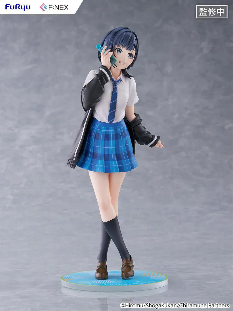 Chitose Is in the Ramune Bottle Yuzuki Nanase 1/7 Scale Figure with short dark hair, blue plaid skirt, school uniform outfit, drink bottle accessory, and display base