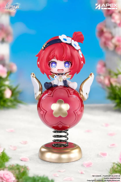 Honkai Star Rail Tribbie Chibi Chara Yurayura Stand Non-Scale Figure with red hair, flower details, red-and-gold spring base, and chibi design