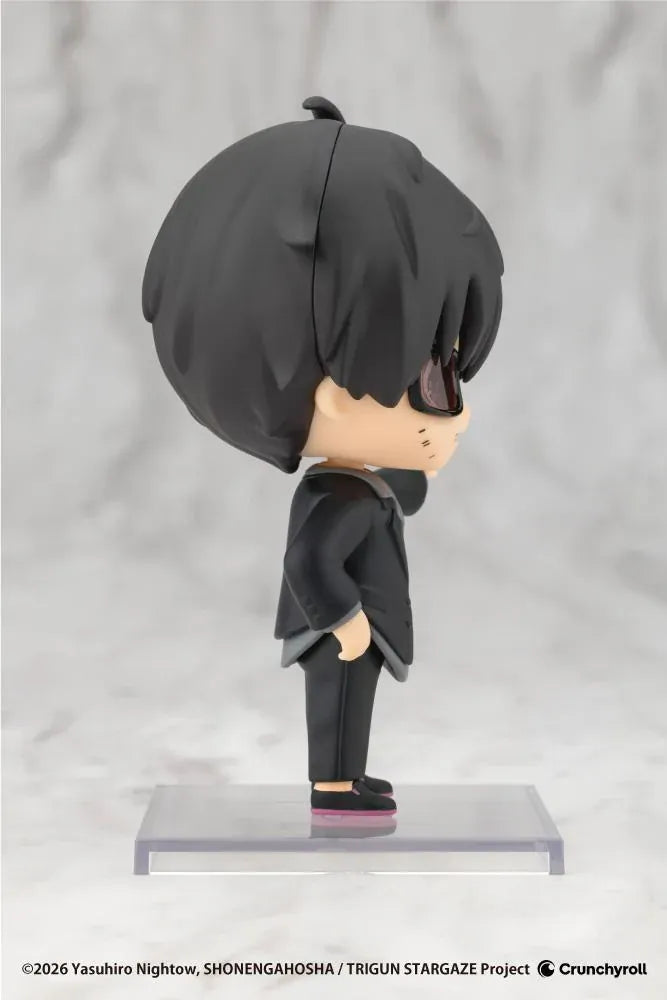 TRIGUN STARGAZE Oshi Works Mini Nicholas D. Wolfwood figure with black hair, tinted glasses, black suit, and raised hand holding a cigarette.