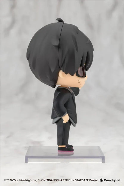 TRIGUN STARGAZE Oshi Works Mini Nicholas D. Wolfwood figure with black hair, tinted glasses, black suit, and raised hand holding a cigarette.
