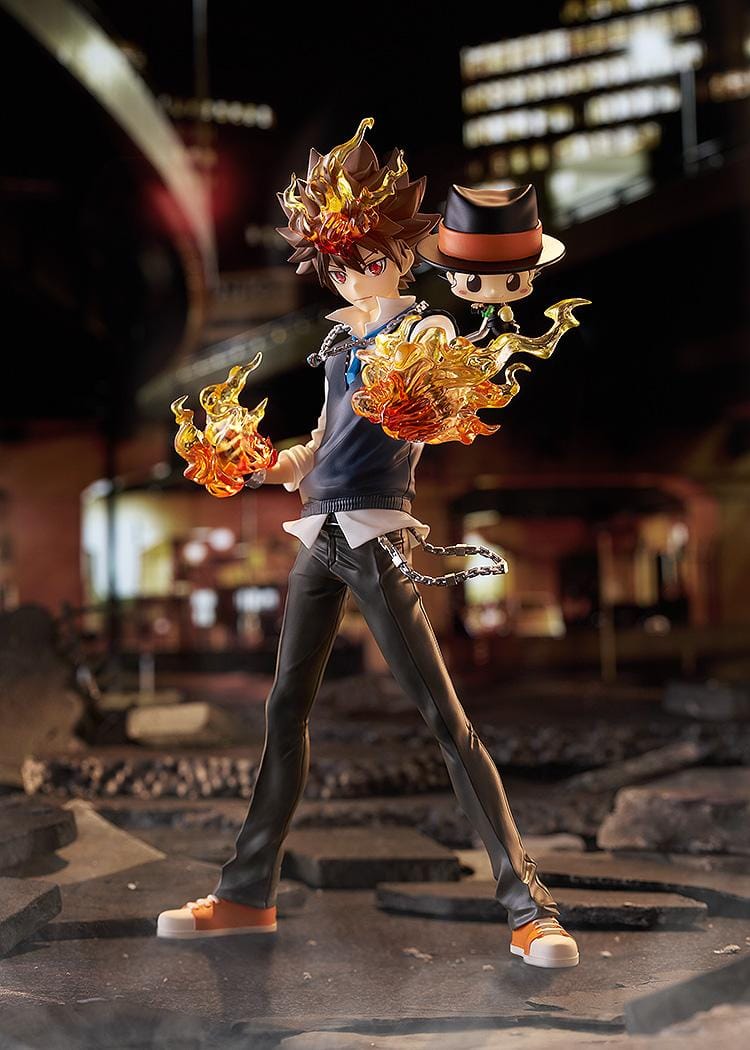 REBORN! POP UP PARADE SP Tsunayoshi Sawada and Reborn Figure featuring Tsuna with flame effects, chain accents, battle-ready pose, and Reborn beside him.
