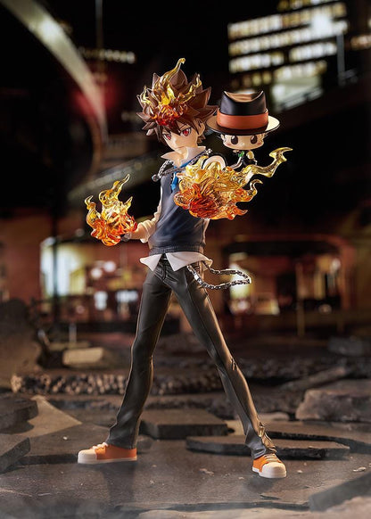 REBORN! POP UP PARADE SP Tsunayoshi Sawada and Reborn Figure featuring Tsuna with flame effects, chain accents, battle-ready pose, and Reborn beside him.
