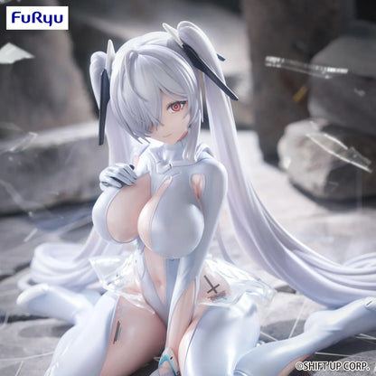 NIKKE Cinderella Noodle Stopper figure seated in a glossy white outfit with translucent skirt details, long white twin tails, and black hair accessories.