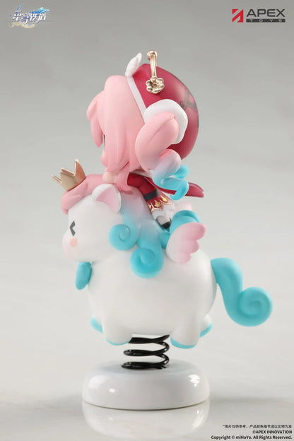 Honkai Star Rail Happy Shake Hyacine Non-Scale Figure by APEX Toys featuring a pink-haired anime girl with turquoise eyes riding a white winged companion with a golden crown and blue bow, mounted on a black spring and white circular base.
