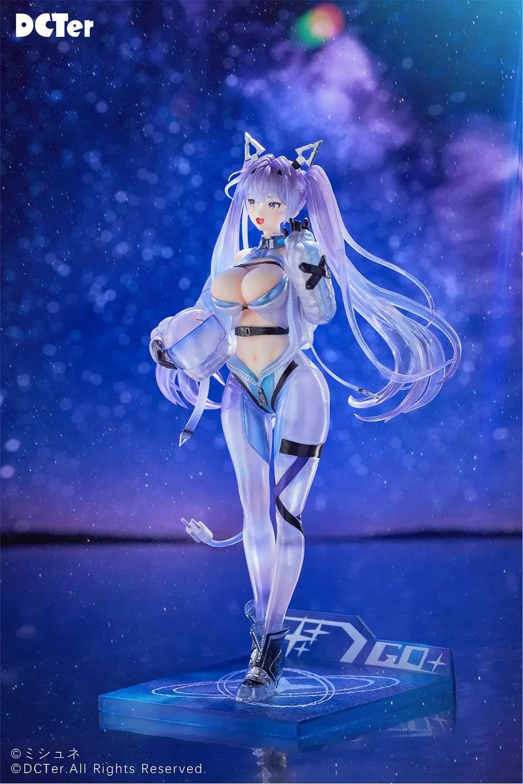 Star Sky Aila 1/7 scale figure featuring lavender twin tails, a futuristic blue bodysuit, helmet accessory, and custom sci-fi display base
