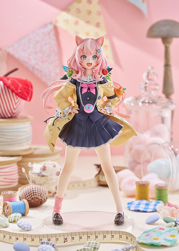 Nijisanji Yang Nari 1/7 scale figure with pink hair, cat ears, school uniform, and yellow coat standing in energetic pose
