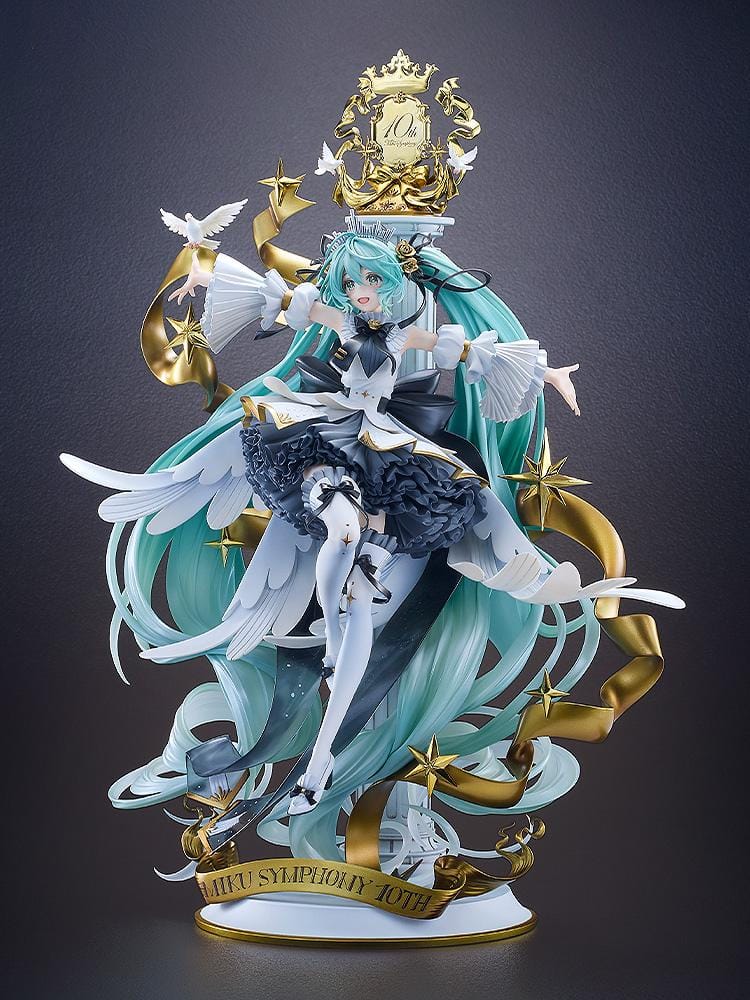 Hatsune Miku Symphony 10th Anniversary Ver. 1/7 scale figure with flowing turquoise hair, doves, gold ribbons, stars, and an ornate dress.