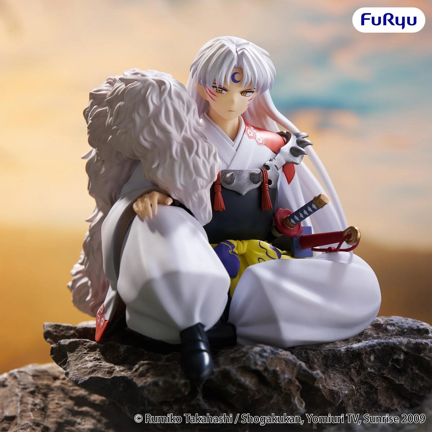 InuYasha Sesshomaru Vol. 2 Noodle Stopper Figure seated in white outfit with armor and fur pelt