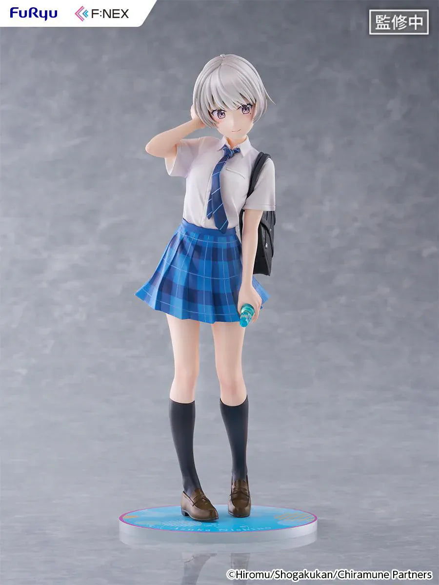Chitose Is in the Ramune Bottle Asuka Nishino 1/7 Scale Figure with short silver hair, blue plaid skirt, school uniform outfit, backpack, drink bottle accessory, and display base