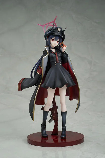 Blue Archive Chiaki 1/7 scale figure wearing dark uniform with long coat holding camera and rifle accessory.