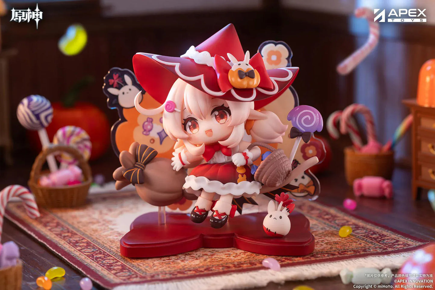 Genshin Impact You Ye Qi Xiang Series Chibi Chara Klee Figure in red witch outfit with broom, candy details, and themed display base