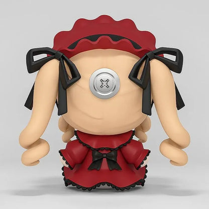 Rozen Maiden Huggy Good Smile Shinku Figure featuring a blonde-haired anime doll with blue eyes, long twin drill curls, a deep red gothic dress, black ribbons, rose decorations, and a matching red bonnet in a cute seated chibi design.
