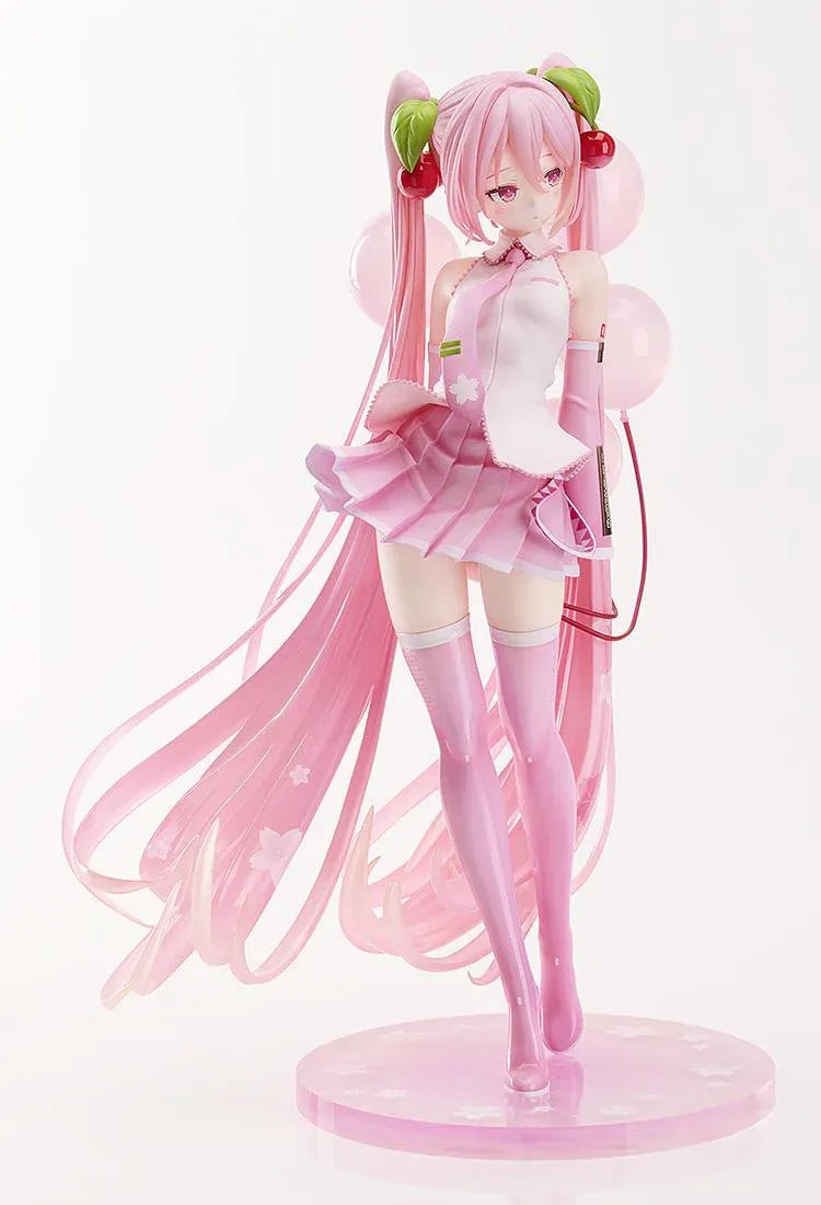 Sakura Miku figure with long pink twin-tails, cherry hair ornaments, a white and pink outfit, pink boots, and translucent balloons on a floral pink base.