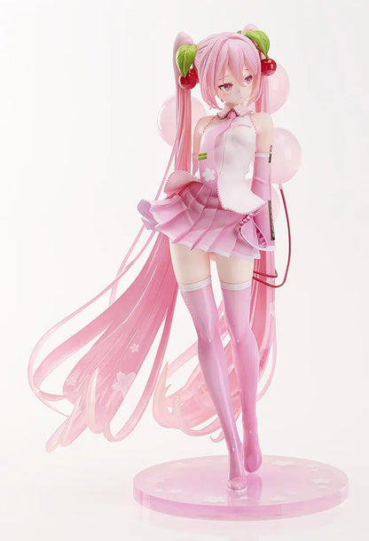 Sakura Miku figure with long pink twin-tails, cherry hair ornaments, a white and pink outfit, pink boots, and translucent balloons on a floral pink base.