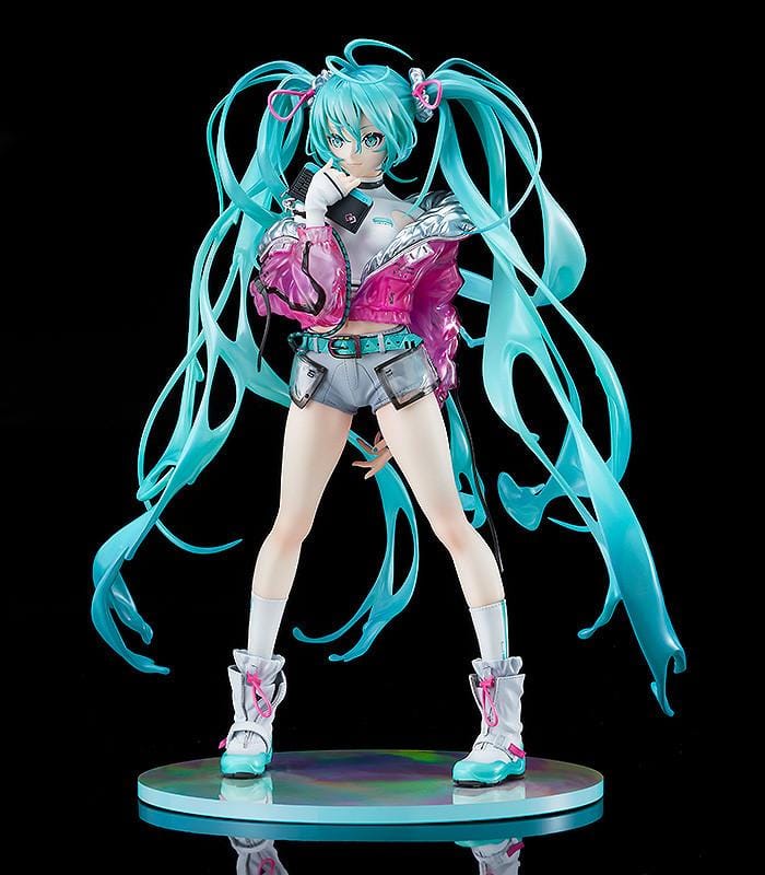 Hatsune Miku with SOLWA 1/7 Scale Figure Rerelease featuring Miku with teal twin tails, metallic pink jacket, silver outfit details, and a colorful display base.
