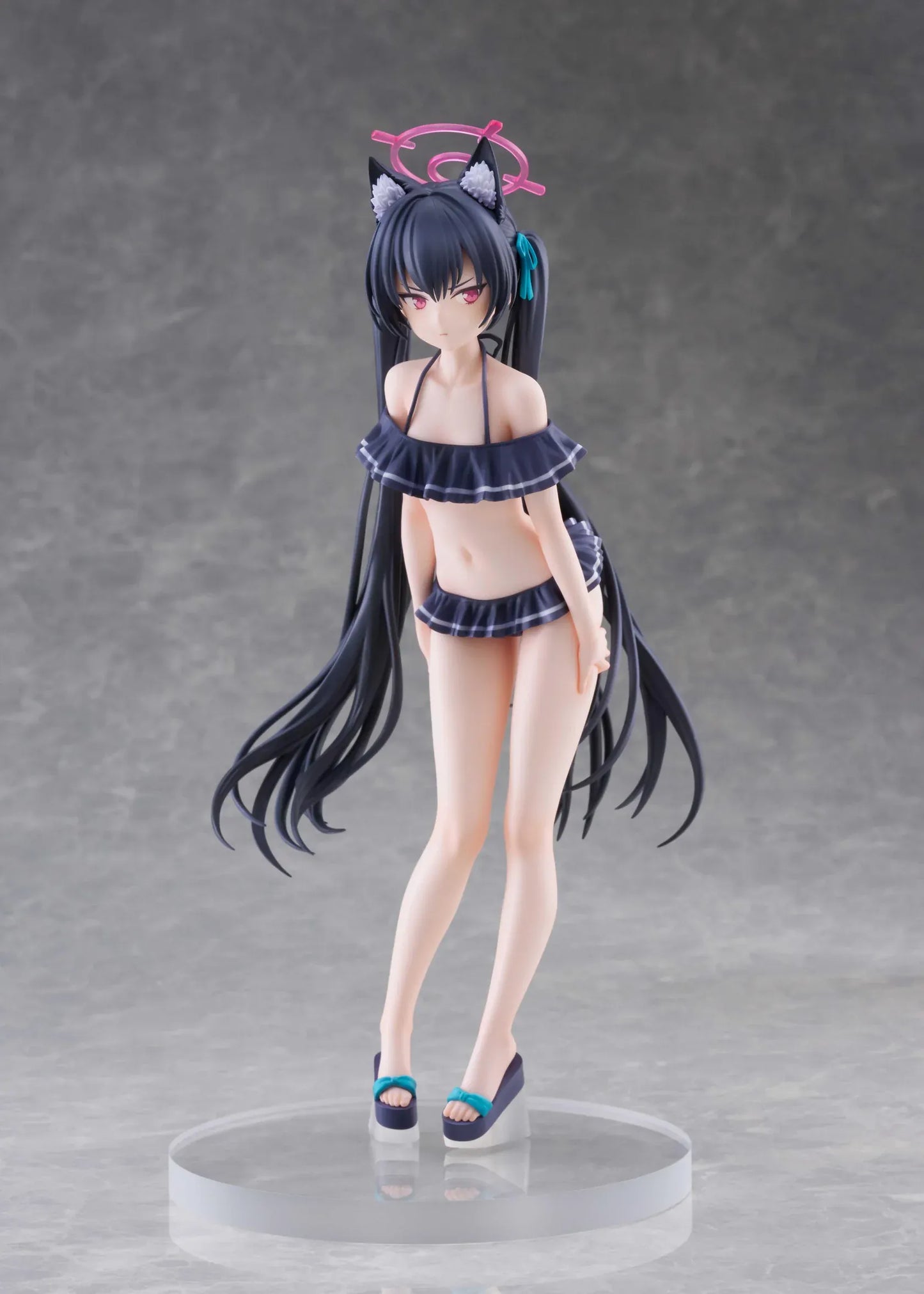 Blue Archive Serika Swimsuit 1/7 Scale Figure featuring Serika with long black hair, cat ears, dark frilled swimsuit, pink halo, platform sandals, and display base.