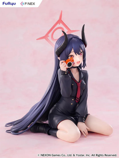 Blue Archive Chiaki Memorial Lobby Ver. 1/7 Scale Figure seated with dark outfit, horn details, pink halo, and camera accessory