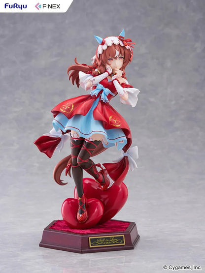 Umamusume Pretty Derby Still in Love 1/7 scale figure in a red and blue performance outfit on a heart-shaped display base