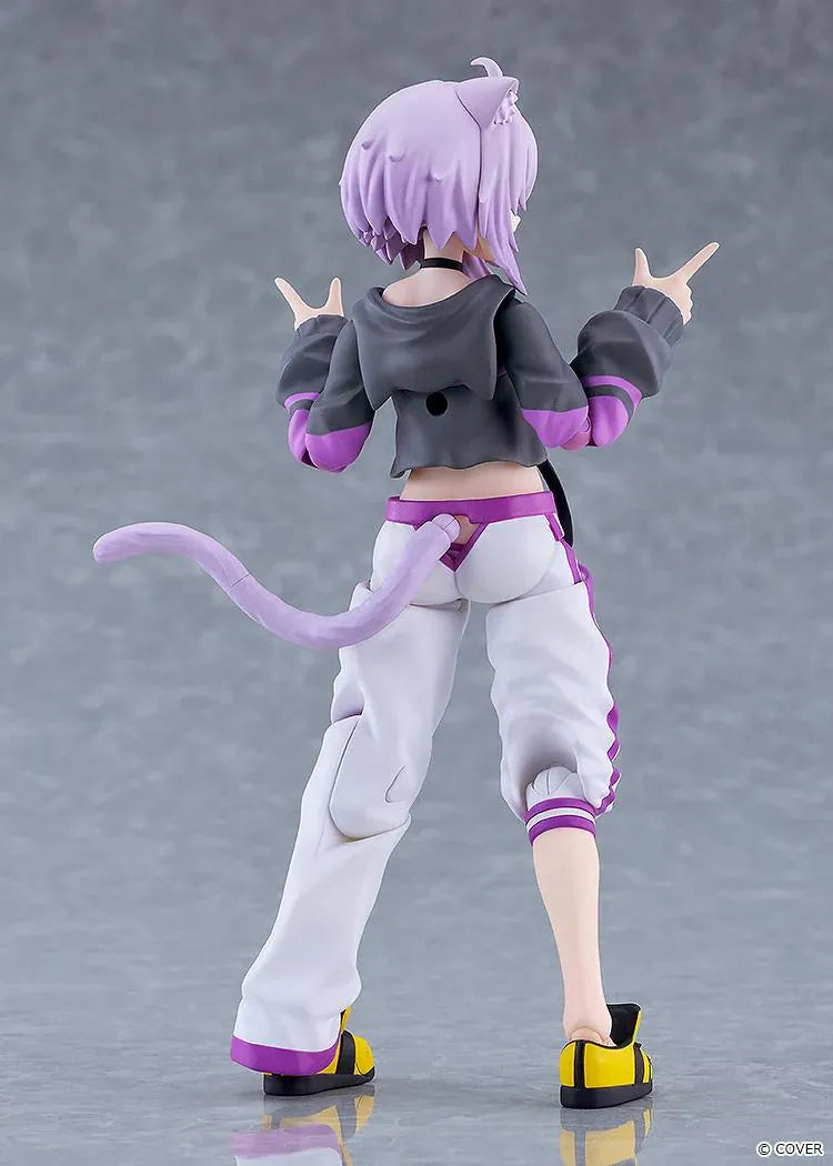 hololive production figma Nekomata Okayu Figure with lavender hair, cat ears and tail wearing her signature black purple and white outfit