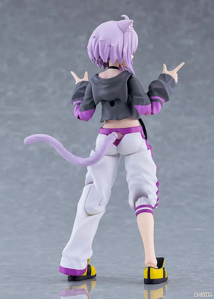 hololive production figma Nekomata Okayu Figure with lavender hair, cat ears and tail wearing her signature black purple and white outfit
