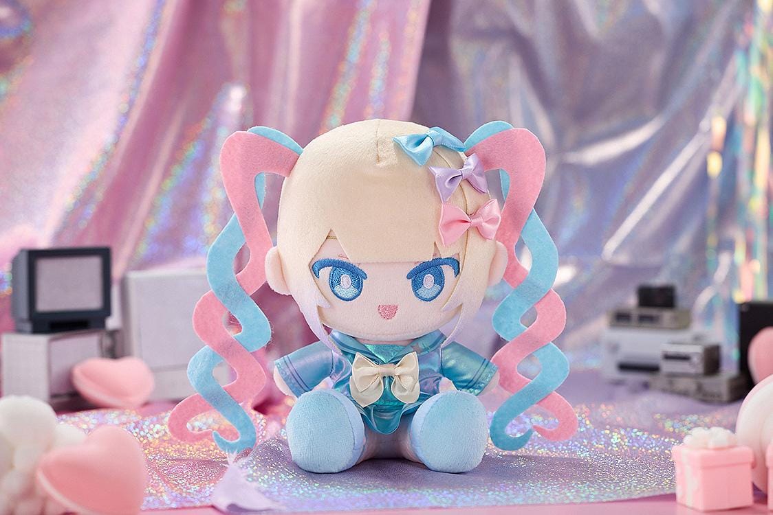 NEEDY GIRL OVERDOSE OMGkawaiiAngel Punipuni plushie with pink and blue spiral twin-tails, embroidered blue eyes, and a shimmering blue outfit.