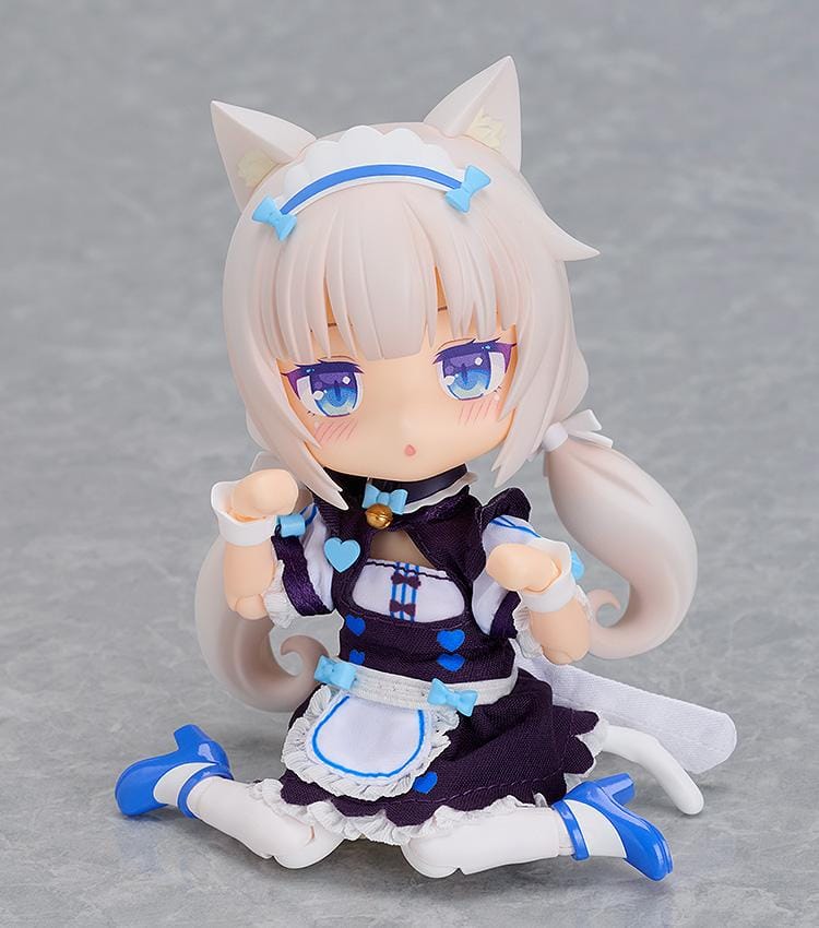 Nekopara Sekai Connect Nendoroid Doll Vanilla with white cat ears, twin-tail hair, blue accents, maid outfit, and frilly apron