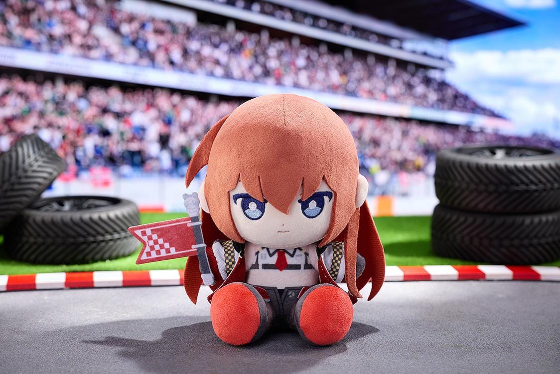 STEINS;GATE Kurisu Makise Racing Ver. Punipuni Plushie seated with reddish-brown hair, blue embroidered eyes, a racing outfit, and a red flag.