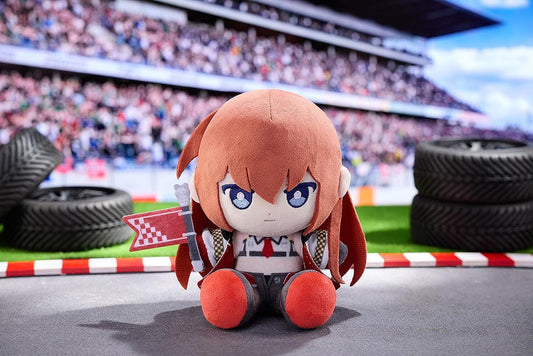 STEINS;GATE Kurisu Makise Racing Ver. Punipuni Plushie seated with reddish-brown hair, blue embroidered eyes, a racing outfit, and a red flag.