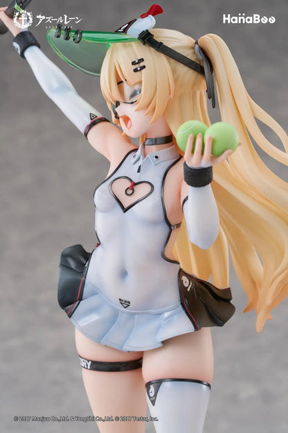Azur Lane Bache Showy Sports Star Deluxe Ver. 1/6 Scale Figure featuring Bache in a tennis-inspired outfit with racket, tennis balls, display base, bonus artwork, and character can badge.