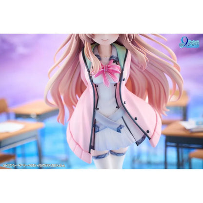 9-nine- Ruler's Crown Miyako Kujo Deluxe Edition 1/6 Scale Figure by HanaBoo featuring a pink-haired anime girl with blue eyes wearing a white and blue school uniform and pink jacket, standing on a light-blue gear-shaped base, with an acrylic keychain and illustrated acrylic stand.