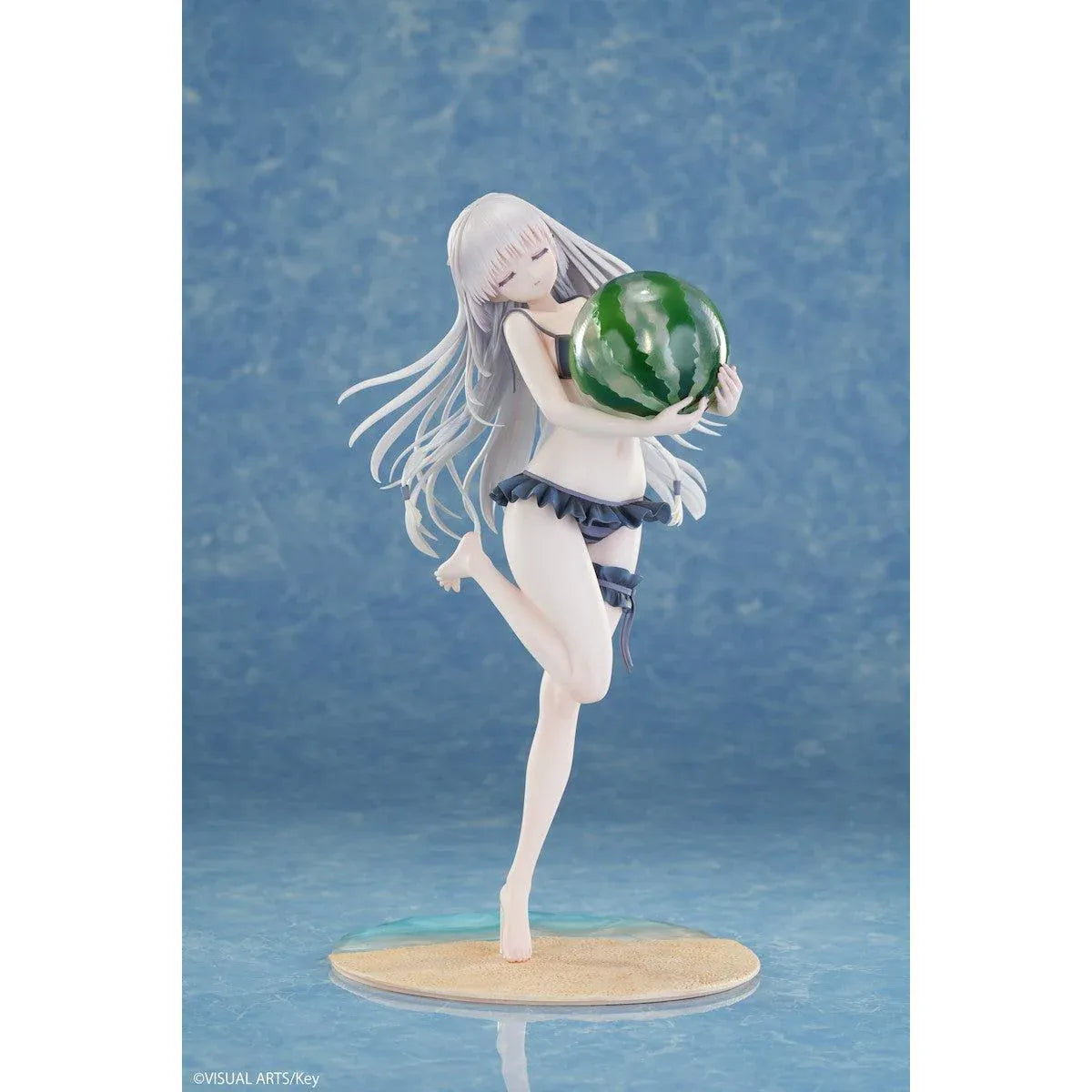 Summer Pockets REFLECTION BLUE Shiroha Naruse 1/6 scale figure wearing a black swimsuit and holding a watermelon on a beach-themed base.