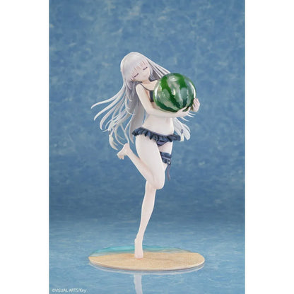 Summer Pockets REFLECTION BLUE Shiroha Naruse 1/6 scale figure wearing a black swimsuit and holding a watermelon on a beach-themed base.