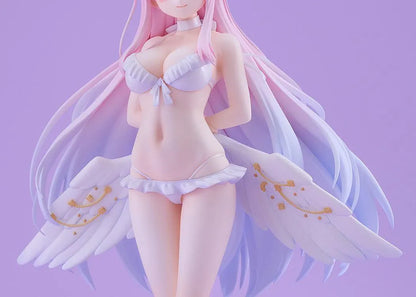 Blue Archive Mika Swimsuit figure with long pink and lavender hair, a white ruffled swimsuit, halo, feathered wings, and ribbon heels on a purple base.