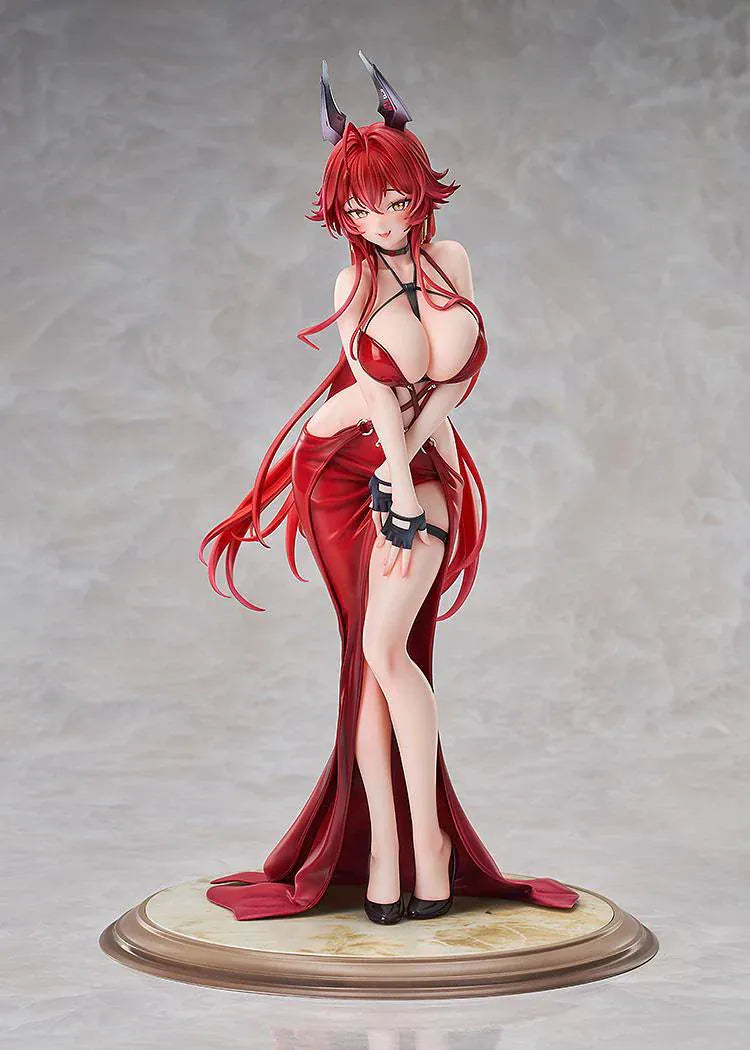 Scale figure of Red Hood from Goddess of Victory: Nikke wearing a red gown and jacket, standing on a decorative base.