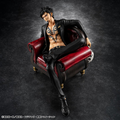 One Piece Portrait Of Pirates S.O.C. Trafalgar Law Ver. R Figure wearing a black suit and sitting in a red armchair