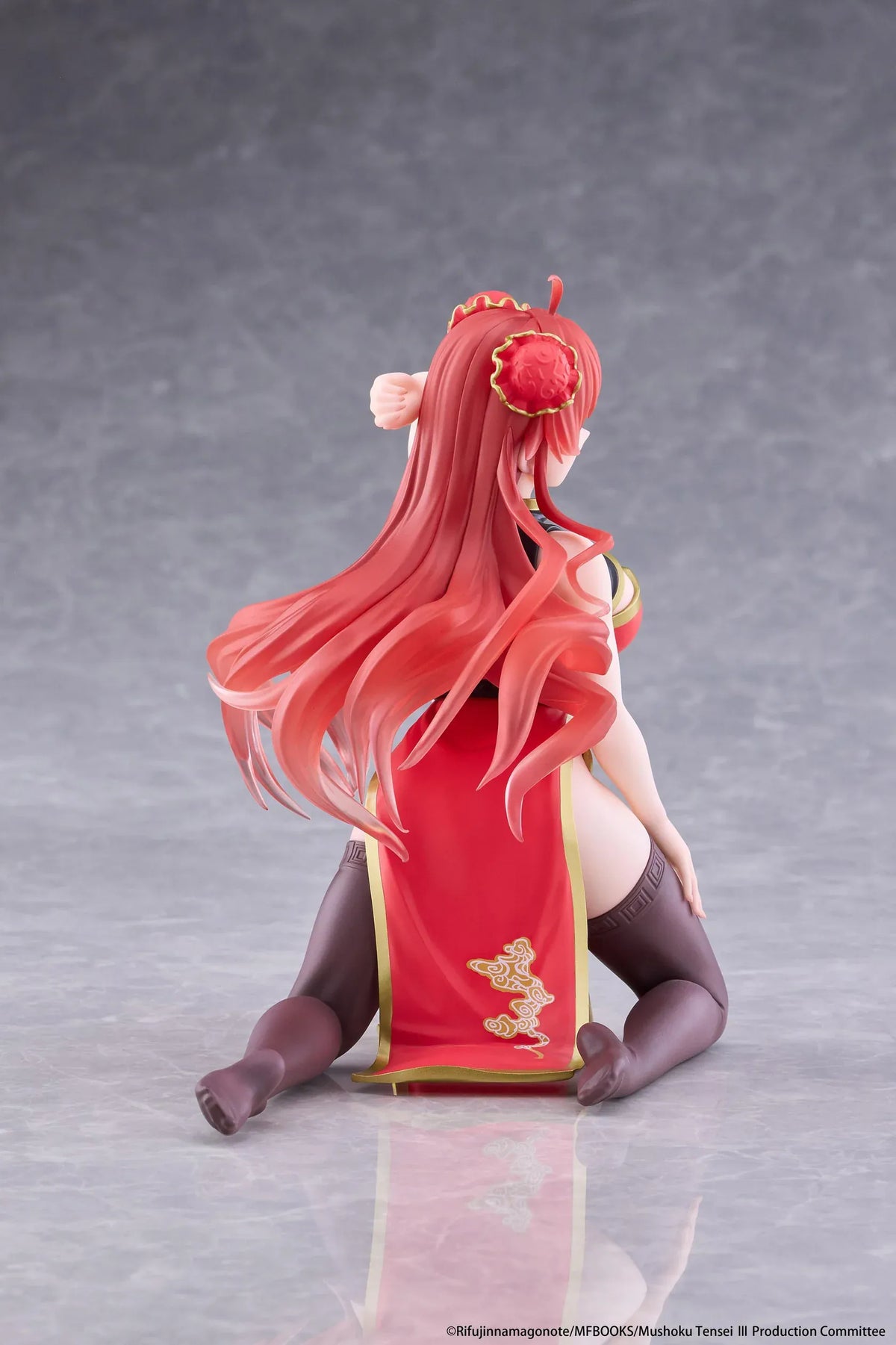 Mushoku Tensei Jobless Reincarnation Desktop Cute Eris Boreas Greyrat Chinese Dress Ver. Figure featuring long flowing red hair, red eyes, decorative twin buns, a red and black Chinese-inspired dress with gold accents, and dark thigh-high stockings in a playful kneeling pose.