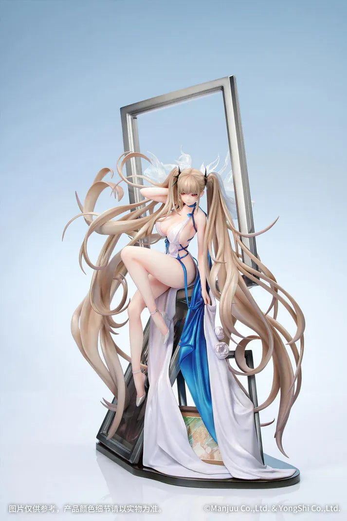 Azur Lane Formidable Anniversary Memories Ver. 1/7 Scale Figure featuring Formidable with long blonde hair, blue-and-white outfit, elegant seated pose, and mirror-style display base.