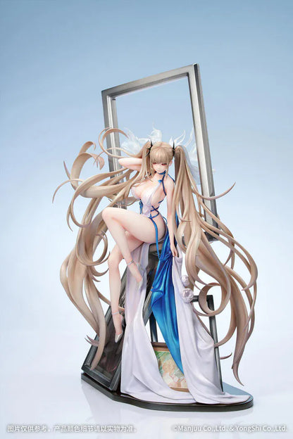 Azur Lane Formidable Anniversary Memories Ver. 1/7 Scale Figure featuring Formidable with long blonde hair, blue-and-white outfit, elegant seated pose, and mirror-style display base.