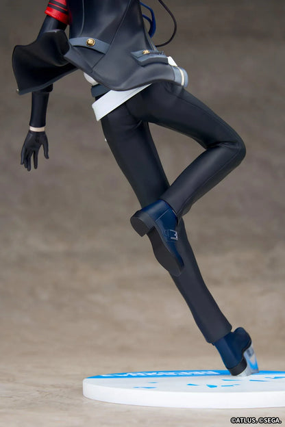Persona 3 Reload Limepie Protagonist 1/8 Scale Figure with blue hair, black jacket, S.E.E.S. armband, headphones, and themed display base