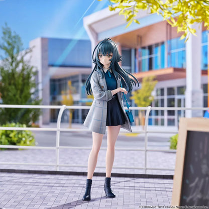 The Idolmaster Gakuen Temari Tsukimura 1/6 scale figure wearing a plaid coat, blue blouse, pleated skirt, and carrying a shoulder bag.