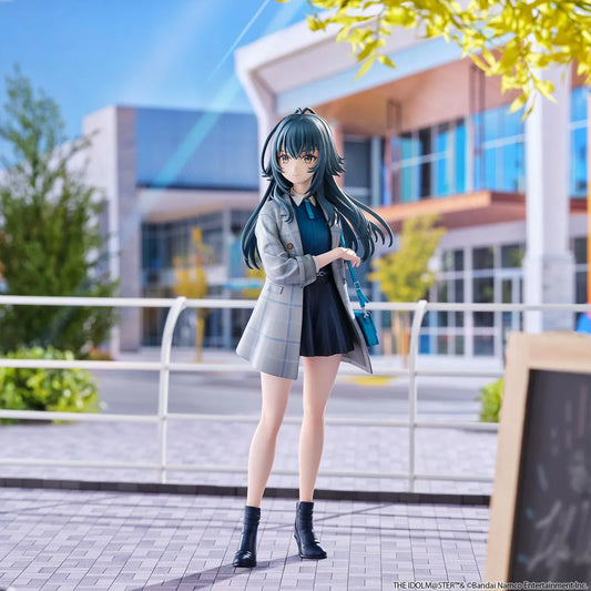 The Idolmaster Gakuen Temari Tsukimura 1/6 scale figure wearing a plaid coat, blue blouse, pleated skirt, and carrying a shoulder bag.