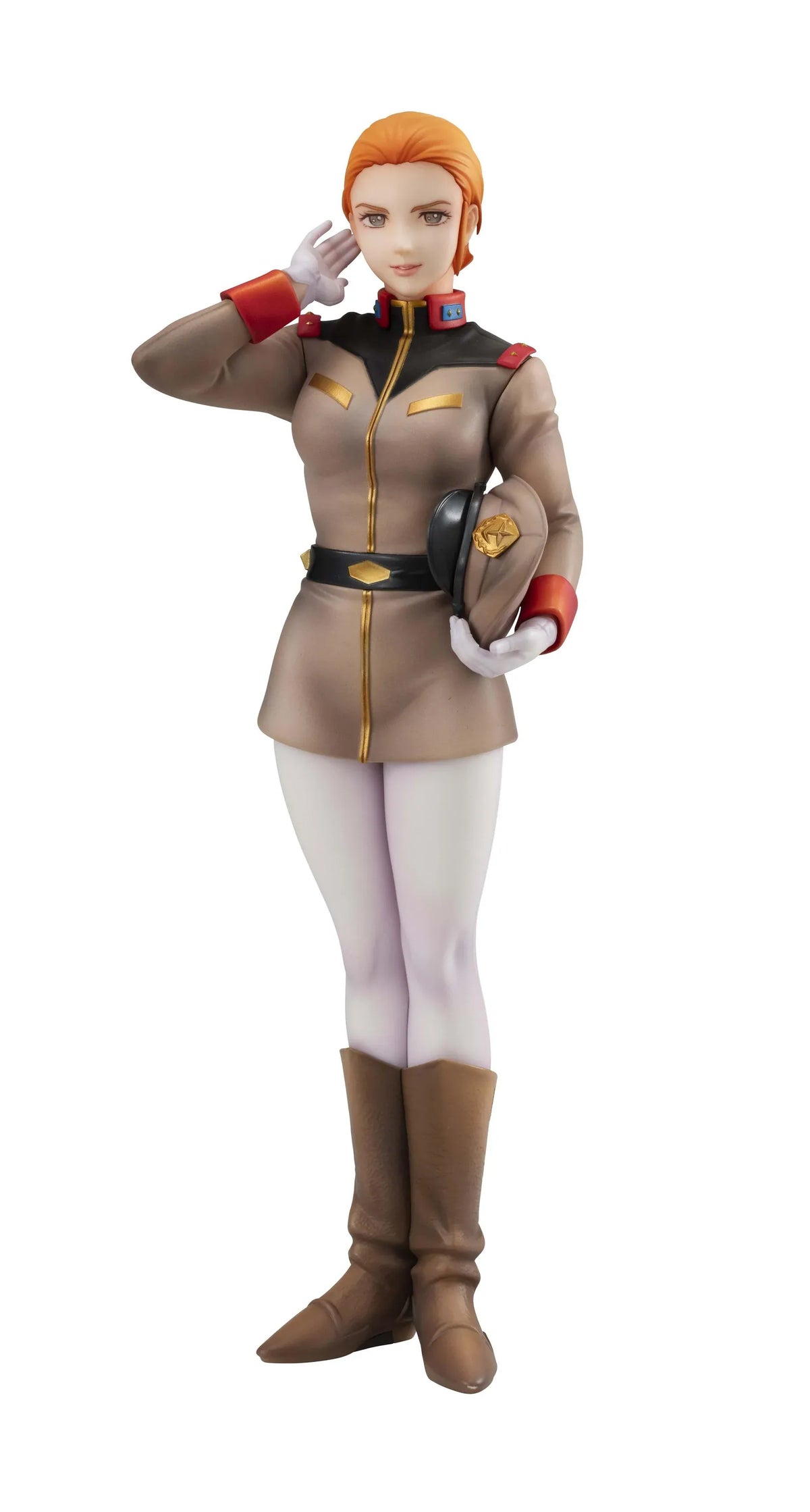 Gundam Girls Generation Matilda Ajan figure saluting in a tan military uniform and peaked cap, holding a green folder, with white trousers and brown boots.